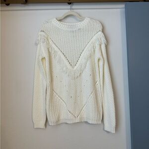 Women’s White Fringe Chunky Knit Oversized Sweater- Medium